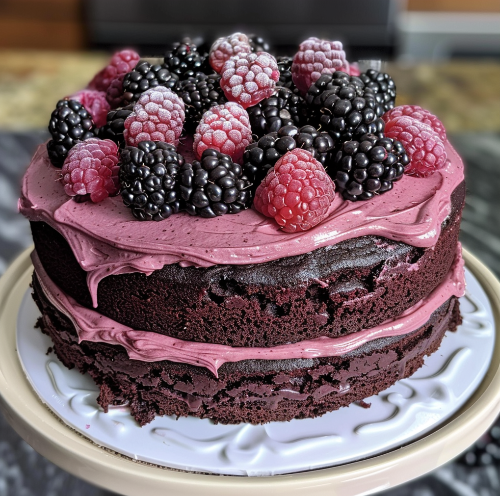 Bourbon Chocolate Cake with Blackberry Buttercream
